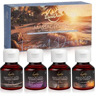 DaniChou Massageöl Tropical Dreams - Geschenkset zum massieren, Massage Öl Probierset mit Jojoba- & Mandelöl, Made in Germany, 4-tlg., 4x 50ml Massageöle - Vanille, Kokos, Erwärmend, Amyris-Lavendel weiß