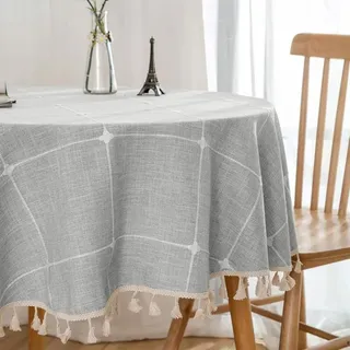 Runde Tischdecke, Waschbar, Knitterfrei, Mit Quasten, Für Küche, Abendessen, Party, Camping, Urlaub, Rustikales Landhausambiente Im Freien (grau Kariert, Rund, 140 X 140 Cm)