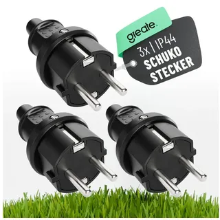 greate 3x Schuko Stecker Aussenbereich mit Knickschutz - Schukostecker Gummi mit Zugentlastung, 2-polig, 230V, 16A & 3,7kW - IP44 Schukostecker Außenbereich schwarz - Schutzkontakt Stecker 230V