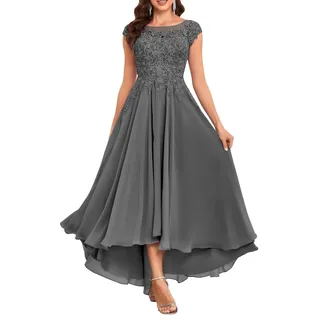 KURFACE Tee-Länge Brautmutter-Kleider für Hochzeit, Spitze, Chiffon, formelles Abendkleid mit Taschen, grau, 44 - 44
