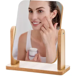 Kosmetikspiegel Holz,360 Grad Standspiegel Klein,21x18cm Spiegel Mit Ständer,Stehend Holz Schminkspiegel,Rasierspiegel,Spiegel zum Hinstellen,Schreibtisch Spiegel,für Badezimmer,Schlafzimmer,Büro