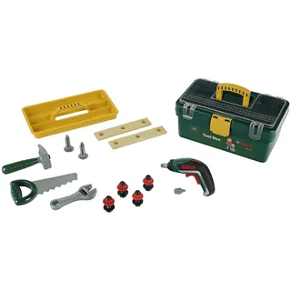 Theo Klein 8609 Bosch Werkzeugbox|Mit batteriebetriebenem Akkuschrauber Ixolino|Inkl. zahlreichem Zubehör wie Hammer, Säge, Rollgabelschlüssel|Maße: 32cmx20,5cmx15cm|Spielzeug für Kinder ab 3 Jahren