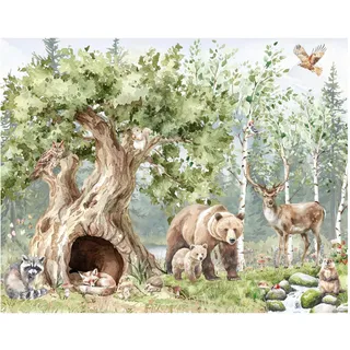 Fototapete Kinderzimmer, Wald, Waldtiere Bäume, Fluss, Bär, Berge, Reh, Kiefer, Tapeten für Kinder Babyzimmer Vlies Tapeten wandtapete Mädchen und Jungen. Tapete nach Maß 1m2