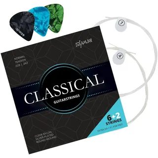 Shaman Gitarrensaiten für Konzertgitarre inkl. 2 Ersatzsaiten und Akustikgitarre - 6+2 Saiten-Set inklusive 3 Plektren, D-Saite und extra hohe E-Saite