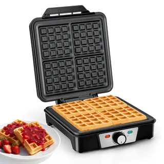 Cozary Waffeleisen Belgische Waffel, 4-Scheiben Quadratisches Belgisches Waffeleisen, 1200W Schnelle und Stabile Wärme, Kontrollleuchten, Antihaftbeschichtung, Anti-Überlauf, Schwarz