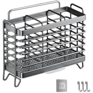 Jadin Küchenutensilienhalter, Besteckkorb, Kochlöffelhalter, Besteckabtropfkorb aus Edelstahl, 3 Partitionen zur Aufbewahrung, Montage ohne Bohren, Wandmontiert, Abnehmbares, mit Tropfschale (Grau)