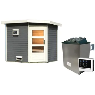 Karibu Mikka inkl. 9 kW + Steuergerät Easy Finnisch + moderne Saunatür terragrau