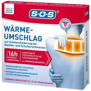 SOS Wärme-Umschlag (2 Umschläge) - Schmerzlinderung bei Muskel- & Gelenkschmerzen, Beschwerden im Nacken & Schulterbereich - löst Verspannungen - bis zu 8 Stunden Wärme