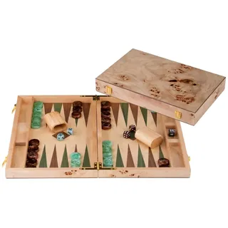 Engelhart-250551 – Backgammon Holz 18 Zoll (45,5 cm) Luxus Koffer Maserholz Walnuss-Inlay – Offen 52 × 45,5 cm – Grün/Braune Steine – Würfel & Becher – Traditionelles Brettspiel