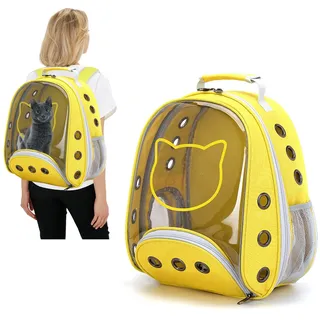 PETCUTE Katzenrucksack für Katzen und Kleine Hunde,Atmungsaktive Hunderucksack mit Abnehmbarer Matte,Katzen Rucksack bis 6kg,Faltbare Haustier Rucksack mit Transparentes Fenster,für Reisen Gelb