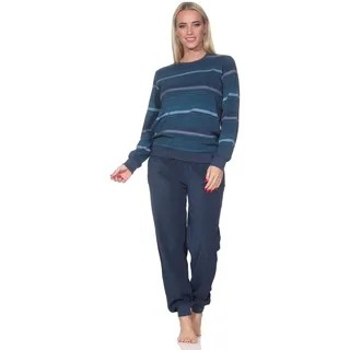 Normann Damen Frottee Schlafanzug mit Bündchen in edler Streifenoptik - auch in Übergröße, Farbe:blau-Mel., Größe:52-54 - 52-54