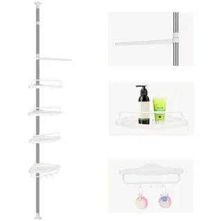 JEOBEST Duschablage Duschregal Edelstahl, Duschregal Teleskop Duschregal mit 4 Duschkorb, Eckregal Bad, Höhenverstellbar 105-310cm weiß