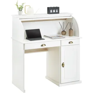 IDIMEX Sekretär Tom mit Rolladen, Weiß - Schreibtisch mit Stauraum, 2 Schubladen mit schönen Muschelgriffen, Landhausstil für Wohnzimmer und Büro