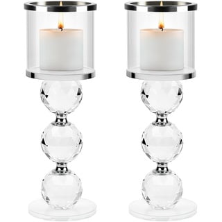 SWAWIS 2X Kristall Kerzenständer Set, Silber Kerzenständer aus Glas, Modern Kerzenhalter, Kerzenhalter Glas, Kerzenleuchter für Hochzeit Esstisch Badezimmer Tischdeko Geburtstag Party Deko