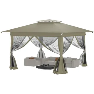 FIVMEN Pavillon 4x4 m Wasserdicht Stabil Winterfest Partyzelt Faltpavillon Höhenverstellbar mit Doppeldach und 4 Moskitonetz Seitenteilen Pavillion Gartenpavillon inkl. Tragetasche, Khaki