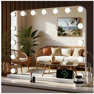 mamizo Schminkspiegel mit licht 3 Beleuchtungsmodi, Touch Steuerung und Abnehmbare Lupe, Tischspiegel für Schminktisch, Weiß