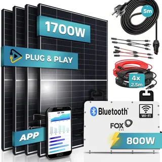 SUNNIVA® 1700W Balkonkraftwerk komplett Steckdose FOX ESS 800W Micro Wechselrichter PV Solaranlage Komplettset, 4x 425W (1700W) Solarmodule, inkl.5m Kabel, Y-Verteiler, Bluetooth, WIFI