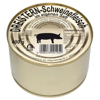 DREISTERN Schweinefleisch im eigenen Saft 400g I Mit Schweineschwarte I Herzhafte Spezialität in recyclebarer Goldlackdose I Lange Haltbarkeit dank natürlicher Konservierung I Hausmacher Qualität