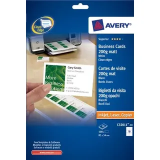 Avery C32011-10 Visitenkarten, einseitig bedruckbar, 200 g/m2, für Laser-/Tintenstrahldrucker, 100 Stück