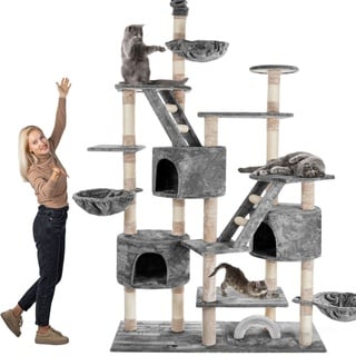 Happy Pet HAPPYPET Kratzbaum deckenhoch 260 cm hoch, Kletterbaum SAM – Großer XXL Katzenbaum Stabil für mehrere Katzen, stabile 8 cm Säulen, mit Zubehör Grau