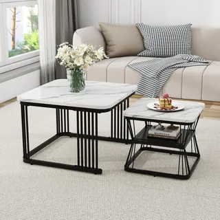 Merax Quadratisch Couchtisch 2er Set, Moderne Wohnzimmertisch mit Marmoroptik, Hochglänzend Satztisch mit Stauraum, für Wohnzimmer, Balkon und Büro, Metallgestell, Weiß und Schwarz
