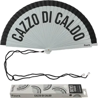 Fisura – Origineller Fächer mit Aufschrift „Cazzo di caldo“. Handventilator aus wendbarem Holz, modern und farbig. Graue-schwarze Töne. Inklusive Haken. Größe: 42,5 x 23 cm