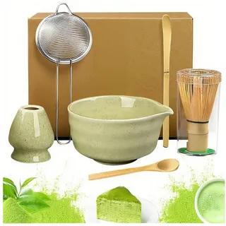 SURFOU Teeservice 6 Stück Matcha Tee Set mit Matcha Besen Edelstahlsieb Schal, 2 Matcha Löffel Besenhalter aus Keramik Matcha-Utensilien grün