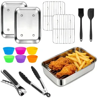 vercleuim 14-teiliges Airfryer Zubehör – 304 Edelstahl Auflaufform kompatibel mit Ninja AF400EU / AF451EU / AF500EU / DZ400EU – 2× Schalen, 2× Grillrost, Zange & Handschuhe, spülmaschinenfest