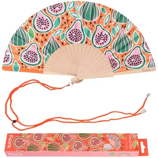 Fisura – Holzfächer mit Feigenmuster. Modernes, farbenfrohes Accessoire, tragbarer orangefarbener Handventilator mit Aufhänger. Perfekt für heiße Tage. Maße: 42,5 x 23 cm