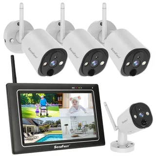 SecuFirst 2K Überwachungskamera Aussen Set mit Monitor,4X Kameras Überwachung ohne WLAN +7 Zoll Touchscreen Funk NVR Bildschrim,Gegensprech oder Wiedergabe von Aufnahmen über Monitor und APP.