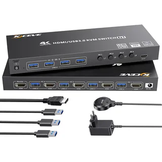HDMI KVM Switch 4 PC 1 Monitor Simulation EDID, Camgeet 4 Port KVM Switches HDMI 2.1 4K@60Hz für 4 PCs Teilen 1 Monitor und 4 USB 3.0 Geräte, mit Wired Remote DC12V Netzteil adapter und USB3.0 Kabel