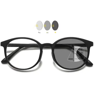 VEVESMUNDO Selbsttönende Gleitsicht Lesebrillen Blaulichtfilter Damen Herren Kunststoff Gleitsichtbrille Multifokale Progressive Runde Brillen (Schwarz, 1.0)