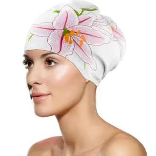 SYLEMTAM Badekappe für Damen, Silikon-Badekappen für langes Haar, rutschfest, wasserdicht, für Damen und Erwachsene, Bequeme Badekappe für lockige, Kurze, mittellange, Dicke Haare (Lilie)