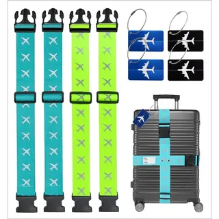 TK Gruppe Timo Klingler XXL Set 4X Kofferband & 4X Kofferanhänger - Koffergurt besonders auffällig - Gurtband inkl. Namensschild für Koffer & Gepäck - Luggage Strape