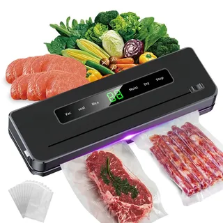 Vakuumiergerät 6-in-1, Vakuum Maschine mit Folienschweißgerät, 10 Beutel & Schlauch, Trockene/Feuchte Lebensmittel vakuumieren, Einfach zu bedienen und kompakt für Küche (Vac/Seal/Rice/Wet/Dry/Stop)