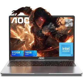 AOC Laptop lntel N97, Up to 3.6 GHz, 16 GB DDR4, 512 GB SSD (Supports Extension 2 TB), 15.6 Inch Notebook Computer, Metal Housing, 180° Rotation, HDMI, WiFi