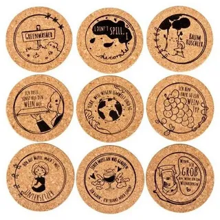 Kork-Deko Untersetzer aus Kork mit lustigen Sprüchen | 9er-Set Bedruckte Glasuntersetzer 9 cm DM| Naturkork Unterlage für Biergläser, Weingläser, Tassen & Küche | Geschenkidee für WG, Party & Haushalt