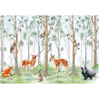 WallArena - Vlies Fototapete Kinderzimmer 416x290 cm Wald Tiere Mädchen Kinder Bäume Skandinavisch Babyzimmer - Fototapeten Tapeten für Kinder Kindertapete - Vliestapete Wandtapete Tapete 3D Effekt