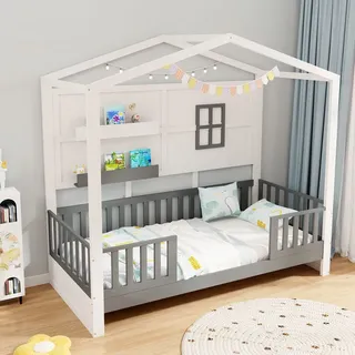 Costway Hausbett mit 2 Regalen 90 x 200 cm Kiefer massiv grau-weiß