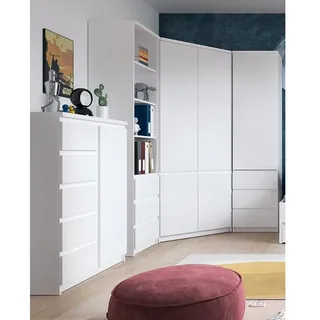 Lomadox Jugendzimmer Schrank Set 4-teilig mit Eckkleiderschrank, Highboard und 2 Regalschränke in weiß