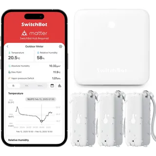 SwitchBot WLAN Hygrometer Thermometer Innen Außen 3 Pack with Hub Mini Set, Hub + 3x IP65 Temperatur- und Feuchtigkeitssensoren, + Bluetooth