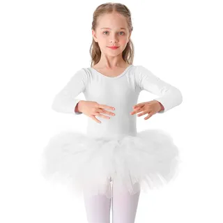 Bezioner Kinder Ballettkleidung Tütü Ballettkleid Mädchen Baumwolle Balletttrikot Lange Ärmel Ballettanzug Tanzbody mit Rock Weiß 140