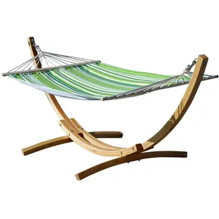 ALEOS. 320cm Hängemattengestell Blanca-SOSUA Hängematte mit Gestell aus Holz Lärche Natur mit grün gestreifter Stabhängematte
