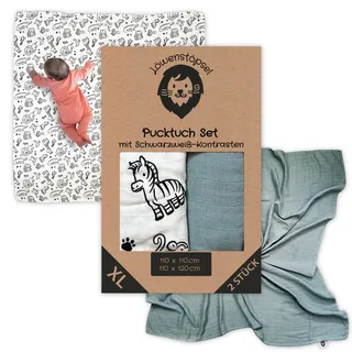 Löwenstöpsel XL Pucktuch 2er Set: 110x110cm mit schwarzweiß Motiv wie Kontrastkarten für Babys und in Trendfarbe Salbei, extra weiche Babydecke, Spucktuch, Stilltuch