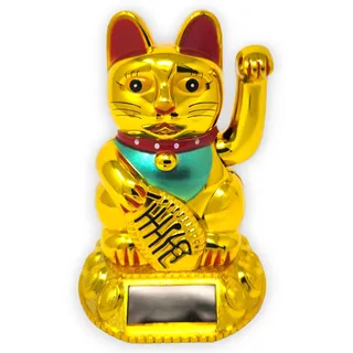 Starlet24® Winkende Glückskatze Winkekatze Lucky Cat Maneki-Neko Winkende Japanische Maneki-Neko (Gold mit Solarzellen, 18cm)
