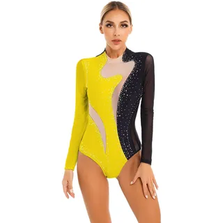 Mufeng Damen Turnanzug Langarm Gymnastikanzug mit Strass Glitzer Tanzbody Akrobatik Anzug Ballettbody Training Wettkampf Tanzkleidung Ab Schwarz&Gelb M