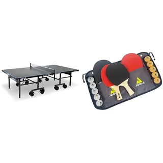 JOOLA Tischtennisplatte Outdoor J500A & Tischtennis-Set Family, 4 Tischtennisschläger + 10 Tischtennisbälle + Tasche, ca. B 30 x H 8 x T 35 cm