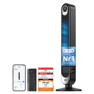 Dreo Smart DC Motor Turmventilator Leiser, 11M Windentfernung Ventilator mit Fernbedienung,9 Stufen 4 Modi, 90° Oszillierender Standventilator mit Sprachteuerung für Schlafzimmer, 12H Timer