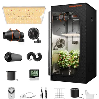 Spider Farmer SF1000D Growzelt Komplettset LED Grow Lampe Vollspektrum Samsung LM301B LEDs Growzelt Kit Komplettes 60x60x140cm Hydroponics 1680D Growing Tent Kit Belüftungssystem