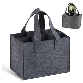 Elegance-go Flaschentasche, 6 Fächer Filz Flaschenträger mit Weinklopfenbeutel, Wiederverwendbare Flaschentasche für Weinflasche, Bierflaschen, Getränketasche (Dunkelgrau)
